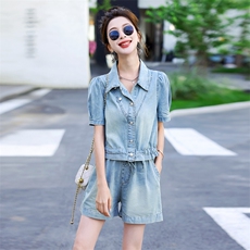 新中式国风牛仔套装女薄款2025夏季新款小个子盘扣阔腿短裤两件套，女装套装/套裙，意芙