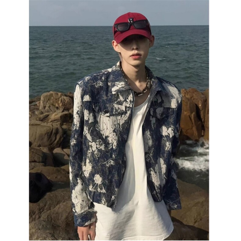 高质量 现货 垫肩  花夹克高级感痞帅小众设计感外套春秋款潮流男图片