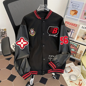 美式复古PU皮衣拼接夹克潮流宽松休闲棒球服图片