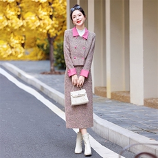 【新款现货】2024年冬季新款法式小香气质撞色双排扣两件套20毛，女装套装/套裙，奕薇雅