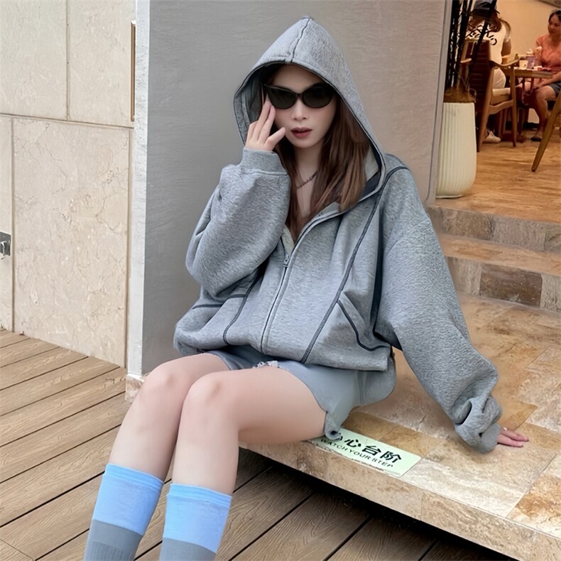 抖音得物高品质秋冬美式高街重磅结构辑明线纹理连帽卫衣外套W111图片