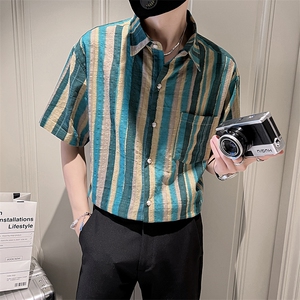 夏季印花纯棉夏季短袖衬衫男宽松社会小伙衬衣休闲TZ95P5078图片
