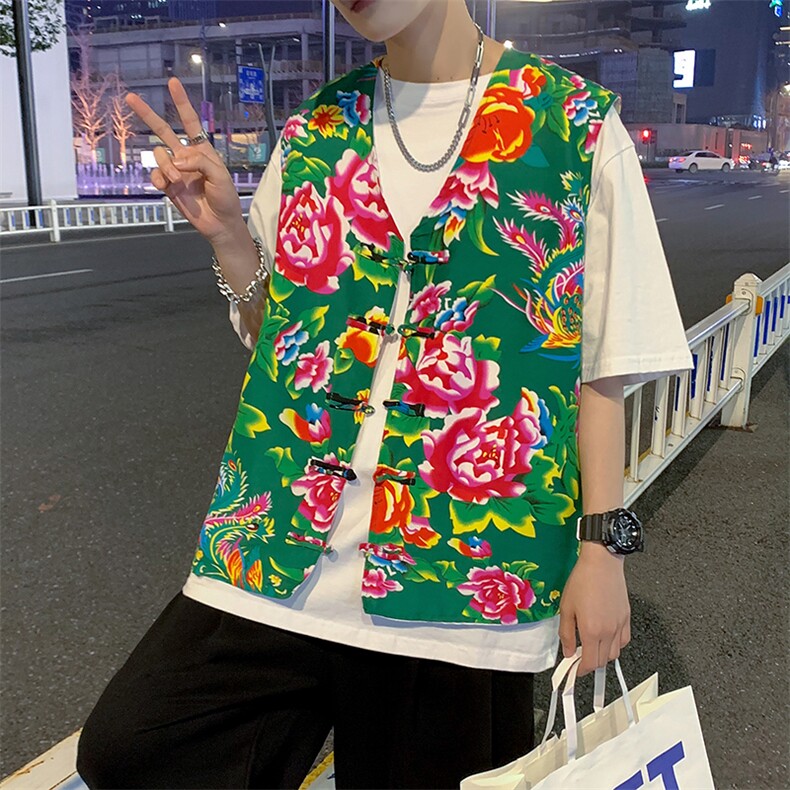 秋新东北大花布马甲修身背心马甲坎肩盘扣演出服男女大码外衣MJ02,男装背心/马甲,星座115A(原星座507）