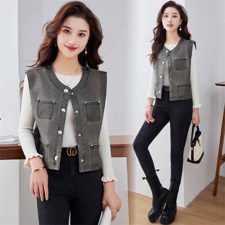 现货圆领皮衣小马甲女短款2024春季新款精致潮流pu坎肩外穿马夹，女装皮衣，江南女神