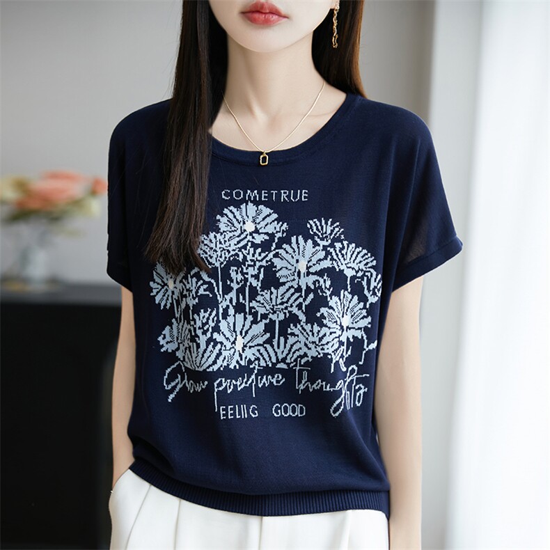 圆领拼色100%莱赛尔天丝针织短袖T恤女薄款显瘦上衣宽松半袖打底,针织衫/毛衣,郡淞羊绒