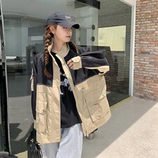 现货主推牛仔拼色时尚中长款外套，女装风衣，菡迪欧娜