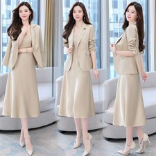 韩城.轻熟上班职业套裙2025秋女人味缎面修身西装中长吊带裙洋气，女装套装/套裙，尚娜萱