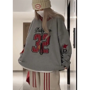 甜酷慵懒风数字提花毛衣女秋冬季宽松百搭设计感针织衫 M6757图片