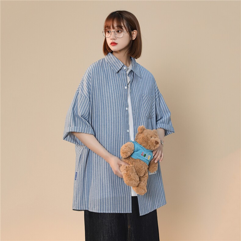 夏季百搭细条纹短袖衬衫宽松男女五分袖衬衣空调衣Q198-P40控55,男装T恤,星座617A-6（原A405-1）