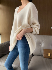V领羊毛衫女纯色长袖针织打底衫宽松显示慵懒风上衣洋气套头毛衣，女装针织衫/毛衣，雪真羊绒