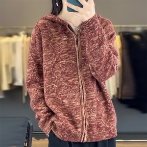 连帽拉链100%纯羊毛开衫女拼色针织帽衫毛衣宽松慵懒羊绒加厚外套图片