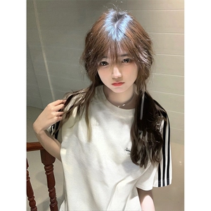 抖音得物高品质二开240克宽松纯棉美式潮牌三条杠织带短袖T恤图片