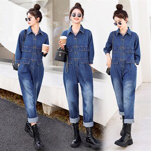 时尚显瘦牛仔连体裤女宽松高腰长袖休闲工装裤百搭气质女装，女装连体裤，秋水欣儿