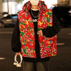 M4风东北大花棉马甲外套大码宽松秋冬汉服外衣坎肩背心连帽，女装马甲，星座115A(原星座507）