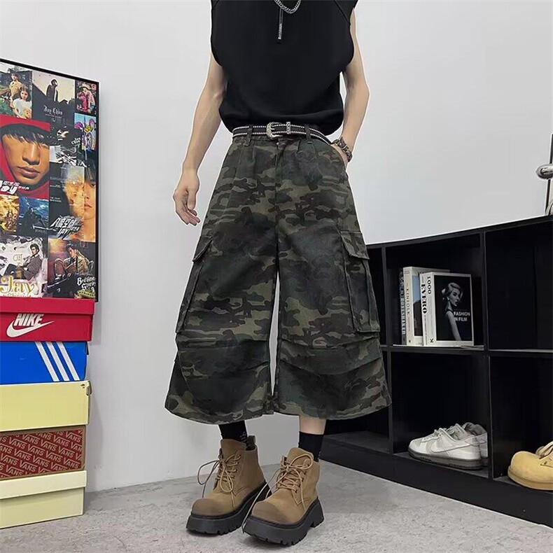 YC0350-P48美式大口袋工装迷彩裤男夏季新款潮牌宽松直筒七分裤,男装牛仔裤,电商C233
