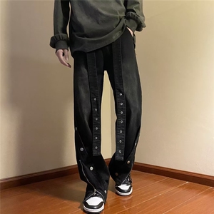 潮高街排扣牛仔裤男拉链开衩设计感宽松直筒拖地裤子N4004-P57,背心背带裤微胖穿搭图片