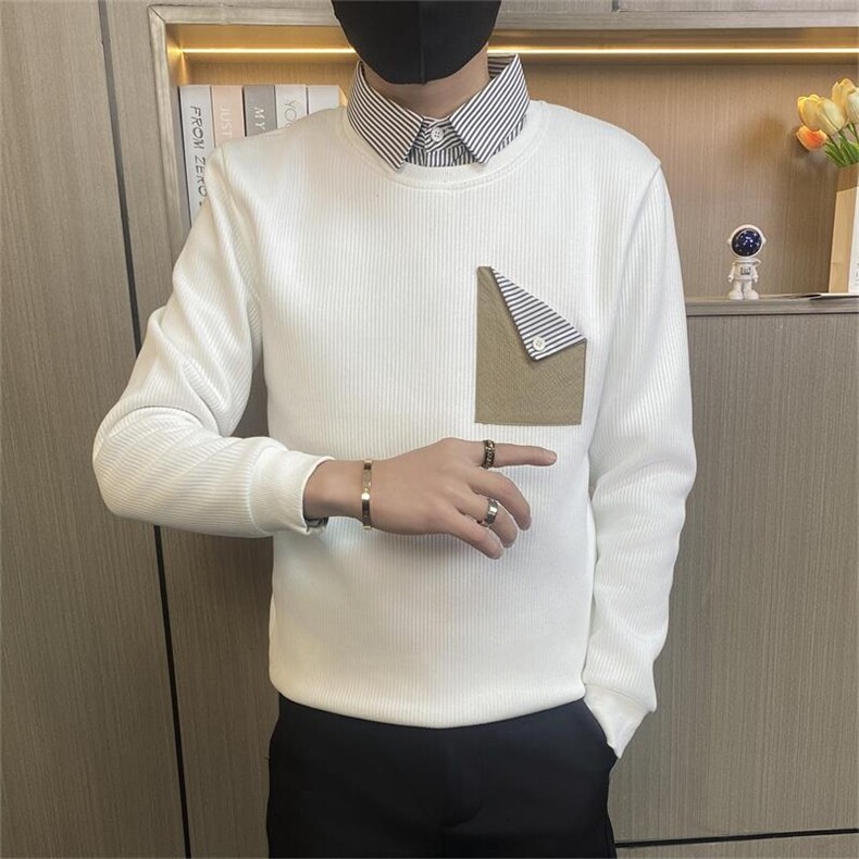 W3163-P75控98社会小伙假两件卫衣男士春季新款潮流衬衫领长袖t恤,男装T恤,电商D310B-1