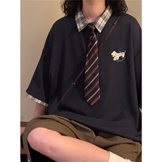 夏季美式复古学院风拼接格子小狗刺绣polo衫短袖T恤上衣男，男装T恤，星座506A