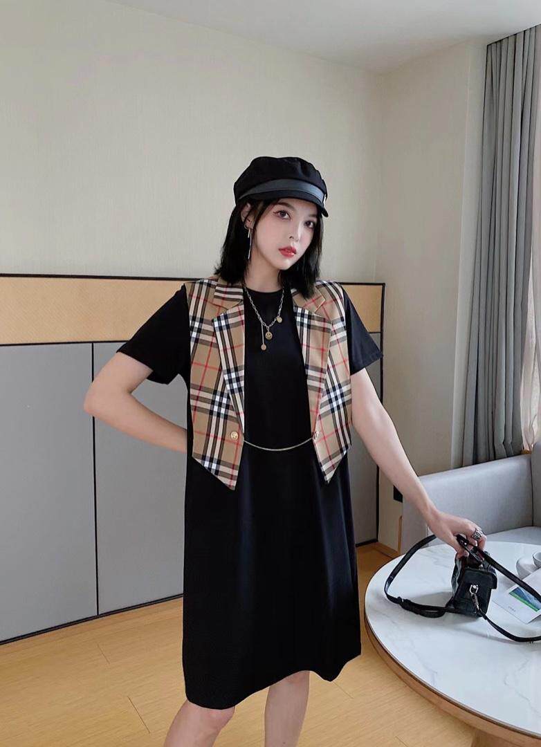 ［爱美欧］夏季新款格子批肩两件套显瘦连衣裙，女装连衣裙，爱美欧