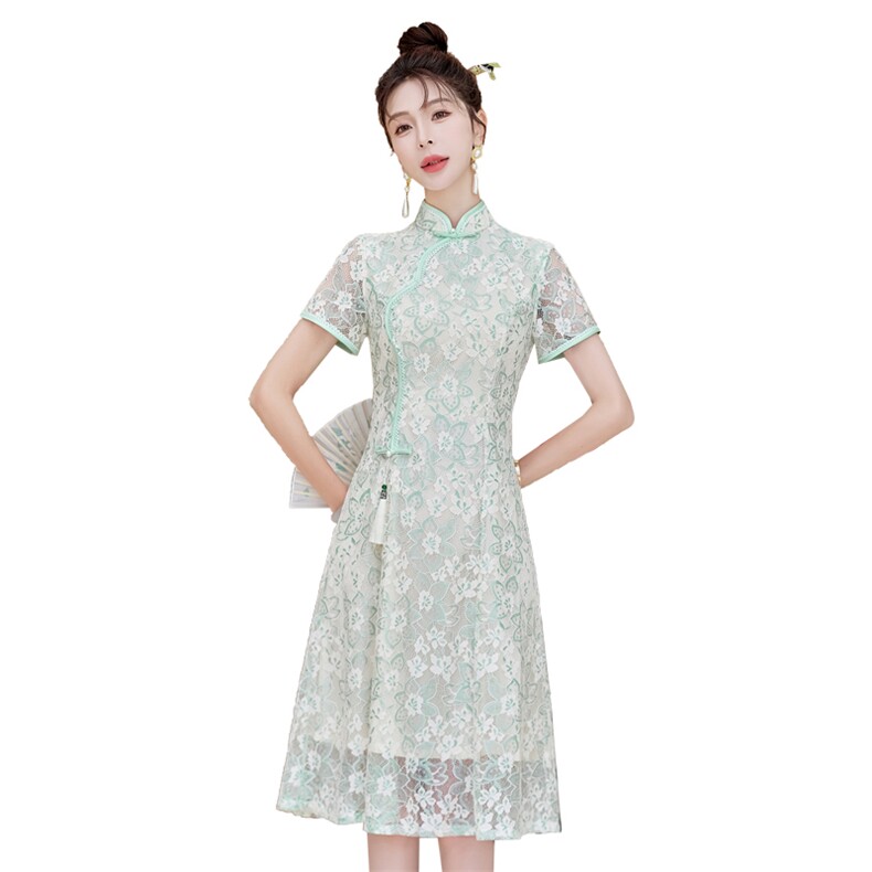 中式蕾丝连衣裙女夏季新款国风刺绣奥黛长裙气质修身改良日常旗袍,女装连衣裙,利佳可人