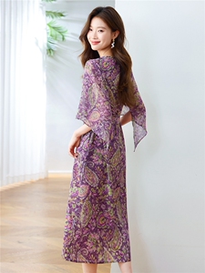 优雅气质贵夫人印花连衣裙女2025夏季薄款收腰显瘦女人味绝美裙子图片