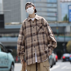 43%棉格子长袖衬衫男女情侣款宽松衬衣1254-P38，男装衬衫，星座910-5