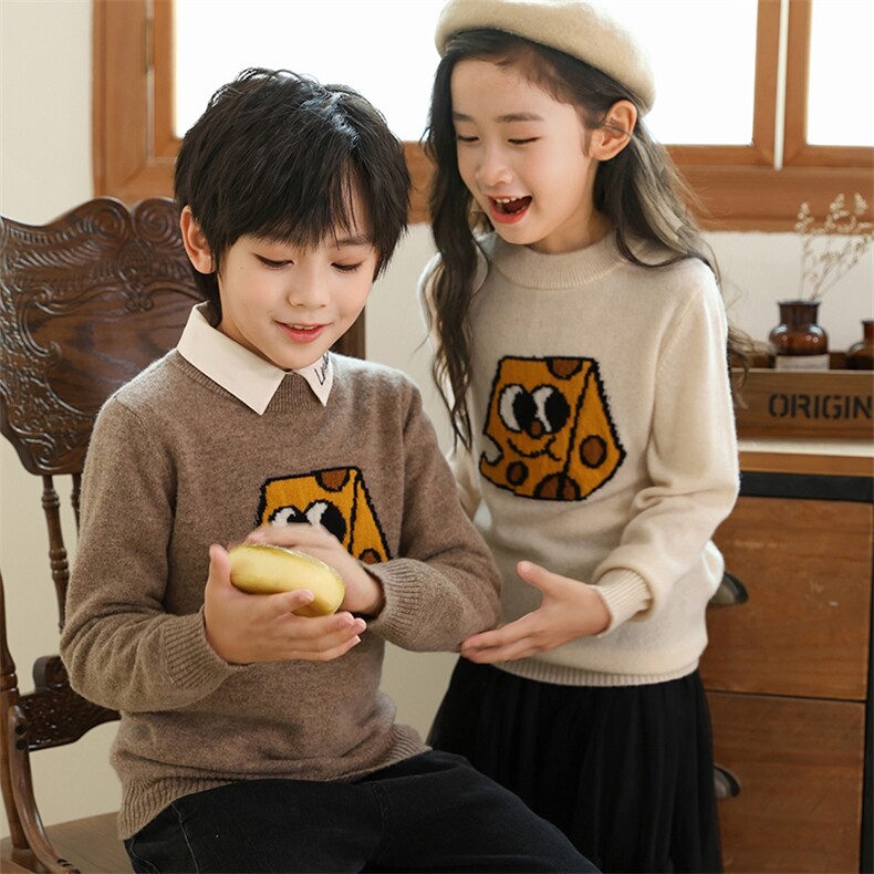 秋冬季新款舒适时尚百搭12针海绵宝宝提花圆领羊毛衫,童装儿童羊毛衫,伊绒腾羊绒
