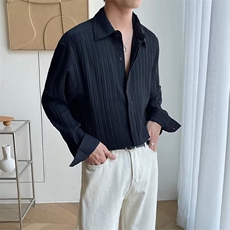 韩版宽松褶皱感长袖衬衫男士秋季潮流高级感痞帅休闲免烫衬衣C25，男装衬衫，星座1116A-2（原606A-1）