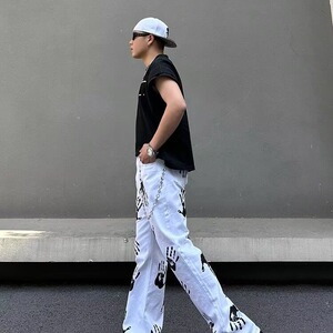 2026水墨手掌印花白色牛仔裤高街hiphop潮炸街长裤K71126-P45网图图片