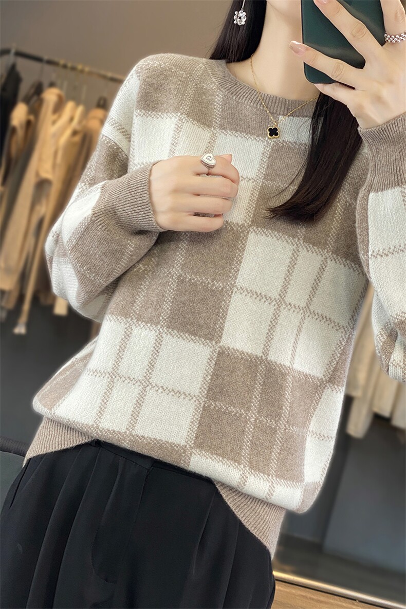 新款圆领格子针织衫女秋冬新款宽松显瘦纯色羊毛衫,女装羊毛衫,佑昭祥羊绒