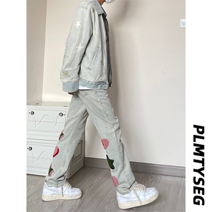 B221 美式ins高街暗黑小众情侣毛巾绣直筒牛仔裤 LK23021-P65控88图片