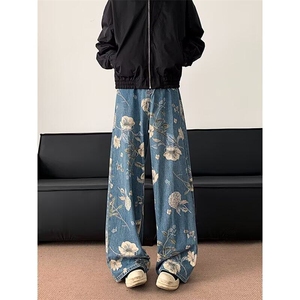 花卉牛仔裤男女美式高街设计感裤子直筒宽松阔腿拖地裤RK2413-P47图片