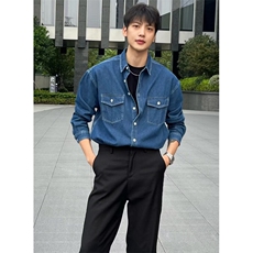 复古工装牛仔衬衫男宽松长袖上衣潮流百搭蓝色衬衣外套C913，男装衬衫，星座1116A（原606A-3）