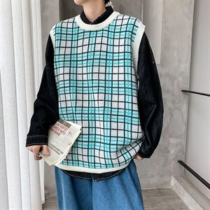 韩版格子背心情侣无袖针织衫加厚潮流毛衣男女上衣外套QT801-P55图片