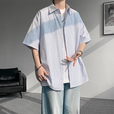8XL-M条纹短袖衬衫男夏季宽松慵懒风痞帅大码衬衣外套DC28001P40，男装衬衫，电商B312