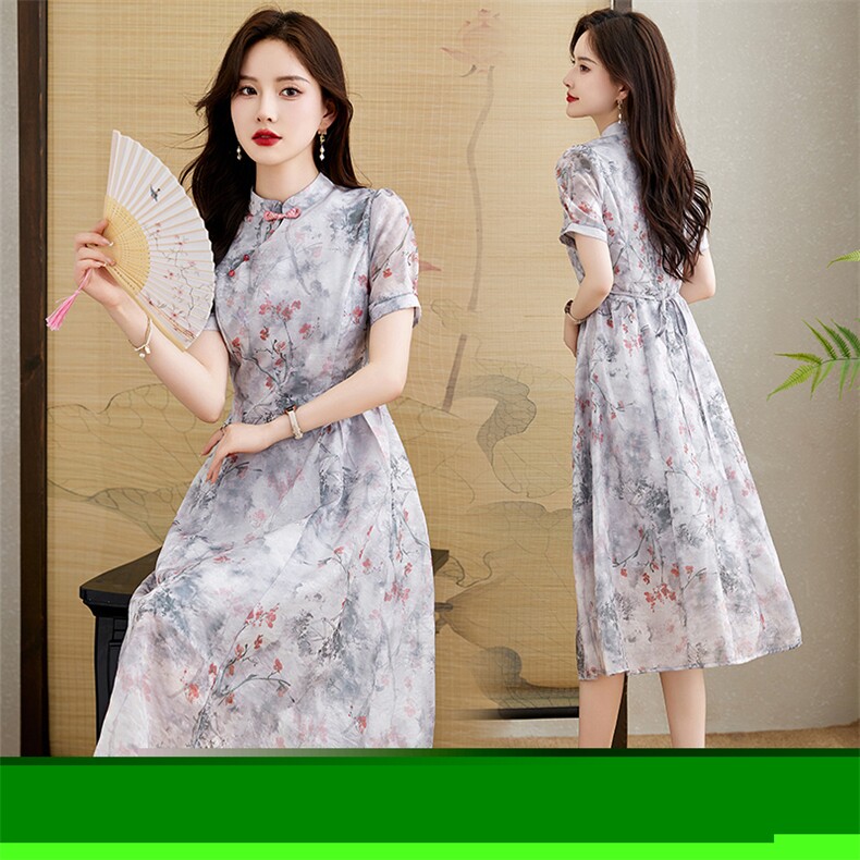 水墨印花旗袍改良版连衣裙女2024夏季新款修身显瘦气质新中式裙子，女装连衣裙，伊航服饰