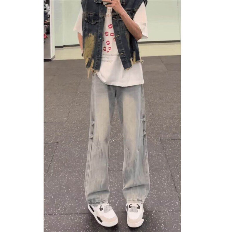 牛仔裤男春季美式高街小众设计感裤子高腰直筒微喇长裤L72833-p47图片