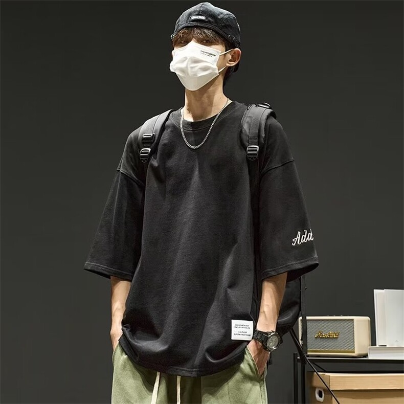 夏季大码重磅潮流短袖t恤男宽松圆领加肥加大休闲字母刺绣七分袖图片