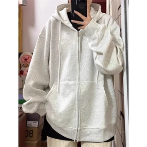 纯色外套女2025新款春秋冬韩系宽松慵懒休闲开衫上衣连帽加绒卫衣图片