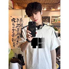 夏季美式高街重磅纯棉三条杠织带撞色男女短袖T恤ZD512-特P30，男装T恤，电商A486