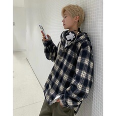 CS378-P38美式格子连帽衬衫男女2025春秋冬季复古慵懒风设计感，男装衬衫，电商B323A