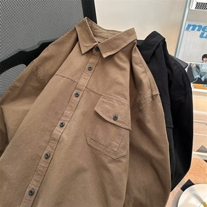 日系斜纹工装衬衫外套男装春秋季休闲高级感纯色翻领衬衣~C3580图片