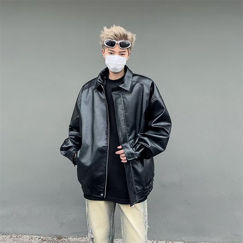 皮衣翻领简约夹克 黑色 棕色 M-3XL W73图片