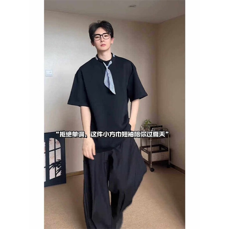 青少年高质量重磅夏季短袖带领巾时尚休闲体恤，男装T恤，四季星座505