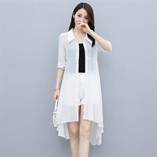 雪纺开衫长袖宽松大码披肩燕尾外搭防晒衣女修身空调衫上衣外套，女装蕾丝衫/雪纺衫，秀美人生