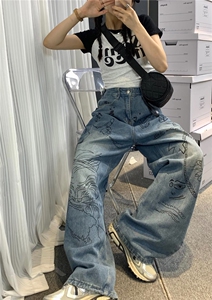 美式高街头涂鸦阔腿裤男百搭oversize古着牛仔裤NK8004P45