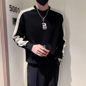 拼接卫衣男春秋款圆领套头外套潮牌2025新款痞帅印花长袖t恤上衣图片