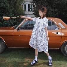 蕾丝领波点连衣裙，女装连衣裙，喜午