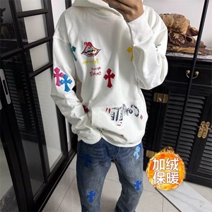 秋冬彩色十字架刺绣皮标连帽衫潮个性街头加绒套头卫衣男图片