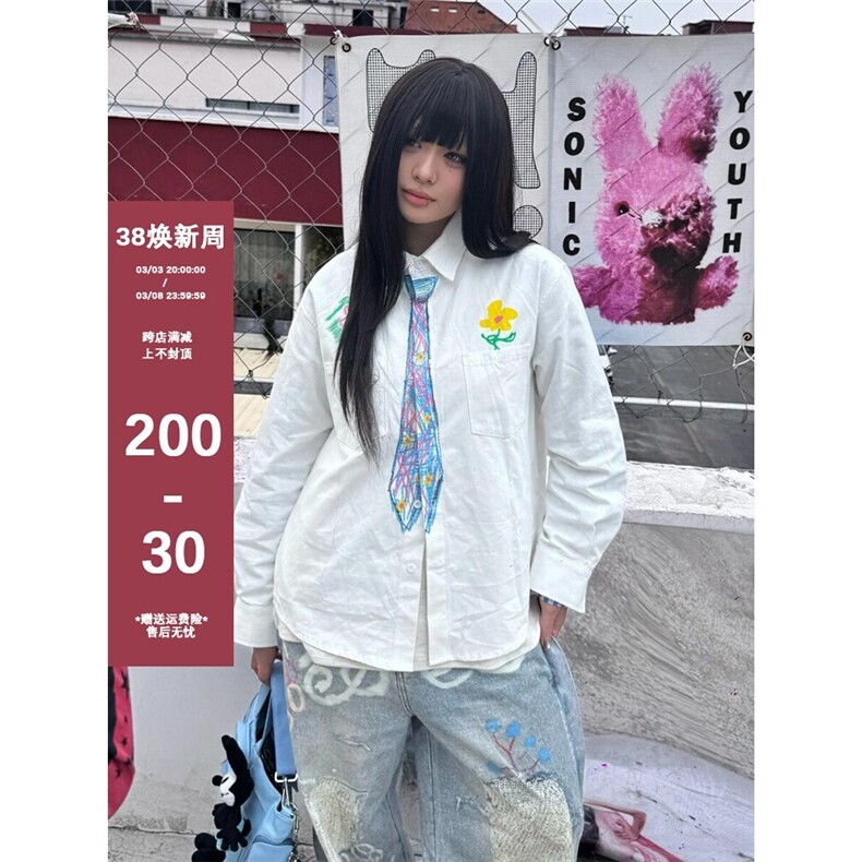 手绘领带白色衬衫设计学院风衬衣2025春夏季ins外套CY1087-P40图片